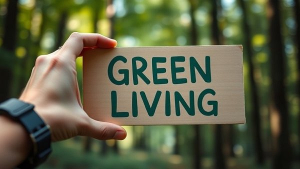 Eco-friendly sign with green living message in a forest setting.