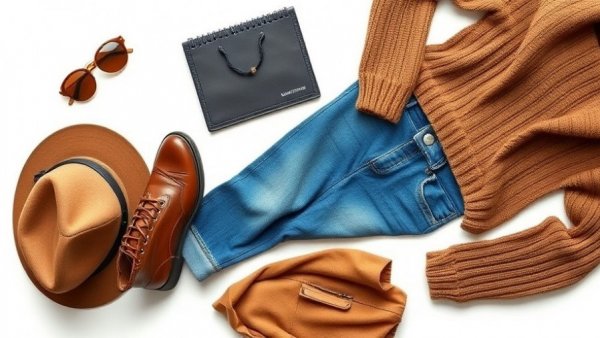 Fashionable clothing arrangement showing hat, boots, jeans, and sweater.