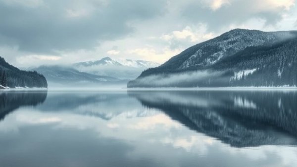 Serene winter landscape in Bryson City with reflections on a lake.