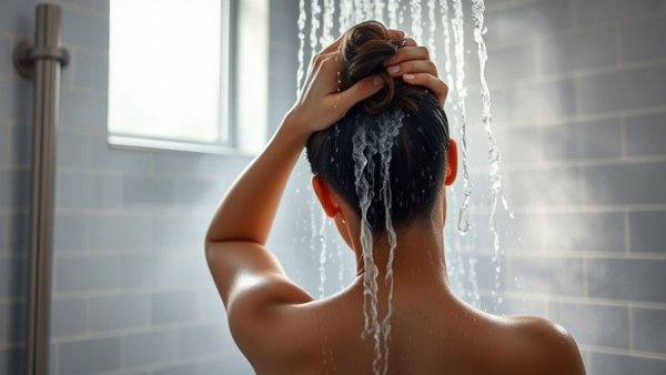 Tranquil shower scene with person washing hair, promoting greener clean body wash.