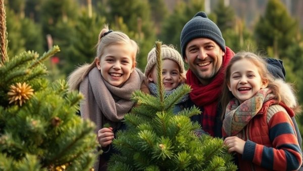 Family at a Christmas tree farm in the Triangle selecting trees, festive holiday spirit.