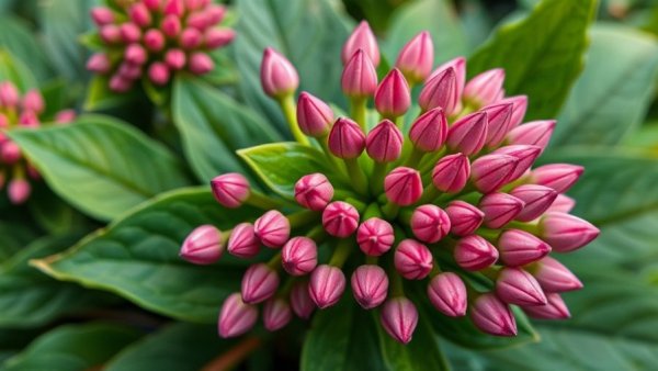 Eco-friendly gardening: vibrant pink buds on lush green plant.