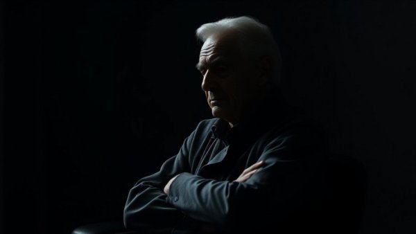 Elderly man sitting in dim light during contemplation.