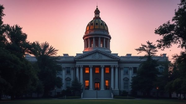 Elegant government building with golden dome at dusk, Bitcoin-Backed Municipal Bonds