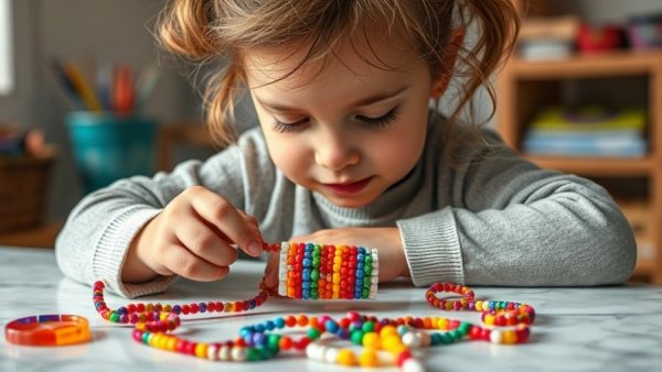Child crafting colorful bracelet, ethical gift ideas for kids UK.