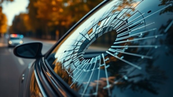 Shattered car windshield, police car in background.