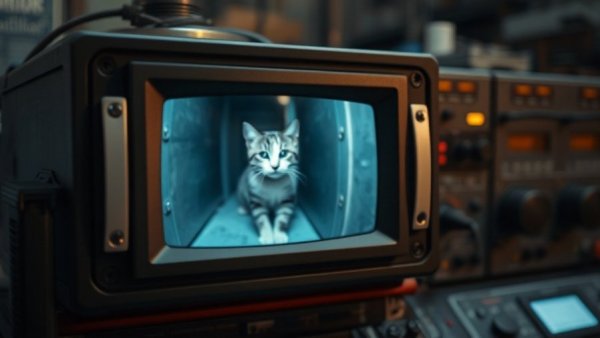 Blurry monitor shows cat trapped in wall via camera feed.