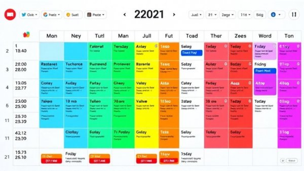 Colorful monthly social media calendar with analytics data