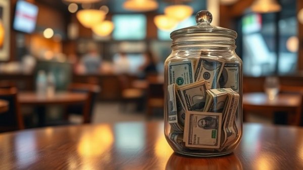 Jar of cash tips on restaurant table, blurred background.