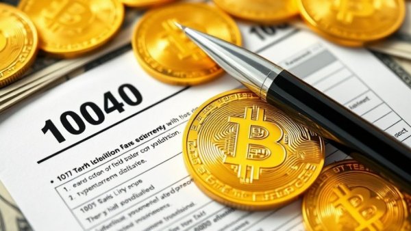 Bitcoin coins and tax form indicate Bitcoin payments for federal taxes.