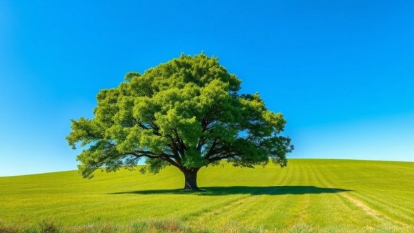 Majestic tree in green field under blue sky, symbolizing inspiration and sustainability.