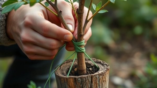 Hands tying a young tree during National Tree Week celebration.
