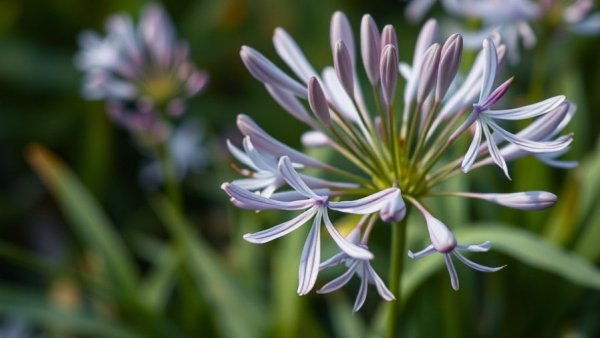 Delicate purple agapanthus flowers in a garden setting, capturing nature's beauty.