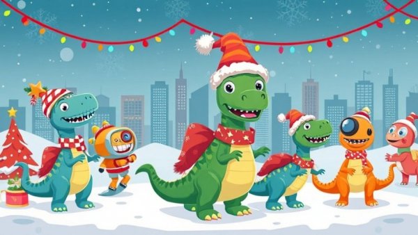 Festive cartoon illustration of holiday celebrations with dinosaurs and robots, local events in Triangle holiday celebrations.