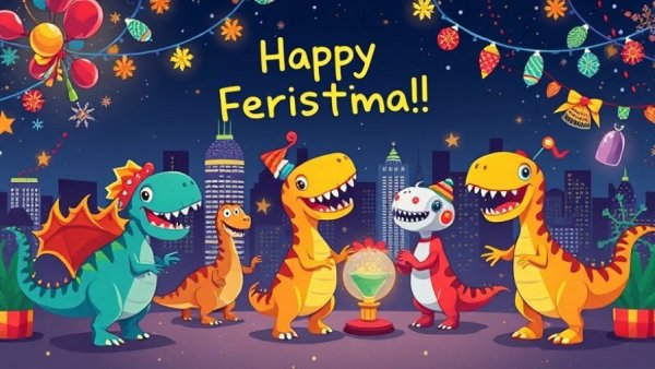 Whimsical local events scene with dinosaurs and robots celebrating.