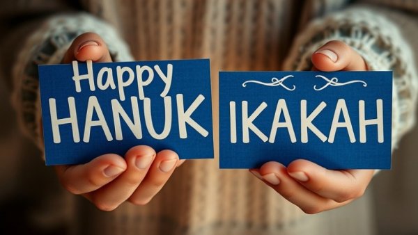 Hands holding Hanukkah greeting signs, festival message, close-up.