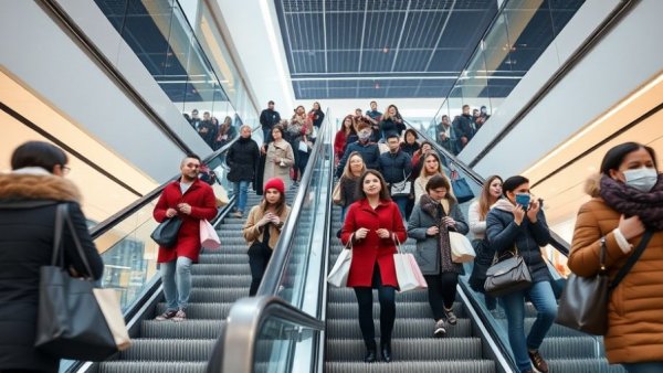 Consumers on an escalator in a busy shopping mall, illustrating American consumer spending trends.