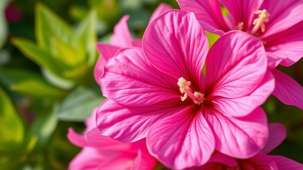 Vibrant pink Lavatera flowers blooming, surrounded by green foliage.