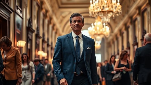 A man in a blue suit walking confidently in a formal hallway.