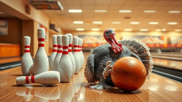 Turkey bowling fundraiser setup with fallen pins on a slick lane.