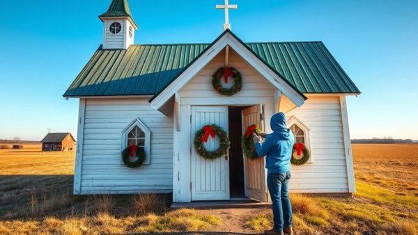 Christmas on Portsmouth Island - Charming church and wreath decoration