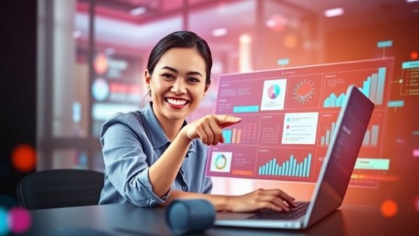 Digital illustration of a woman scaling operations with tech tools.