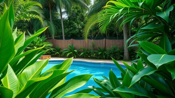 Eco-friendly garden in Houston with tropical plants by pool.