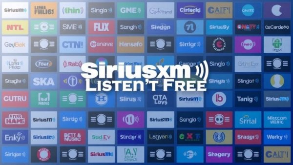 Vibrant SiriusXM free music channels promotional grid with various logos.