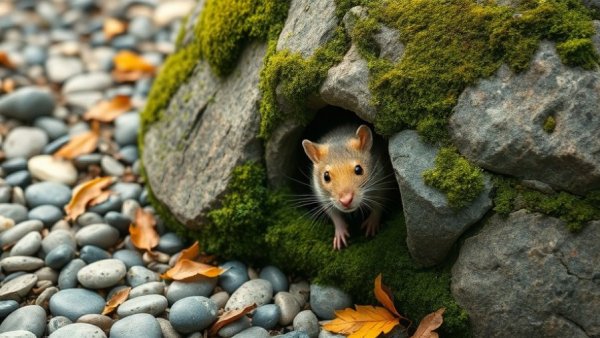 Curious rat in eco-friendly garden near mossy stones.