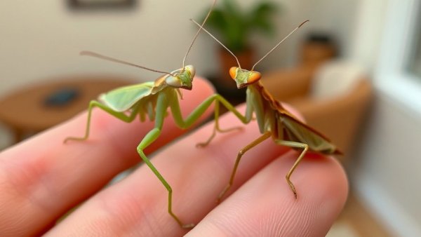 Two ghost mantises on a person's hand indoors, ghost mantis habitat.