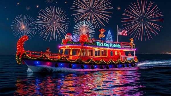 Festive North Carolina Christmas flotilla with fireworks and Toy Story theme.