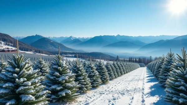 Scenic view of snowy Christmas tree farm in mountain valley.