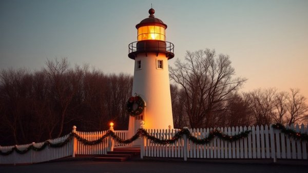 North Carolina lighthouse with Christmas lights and decorations.