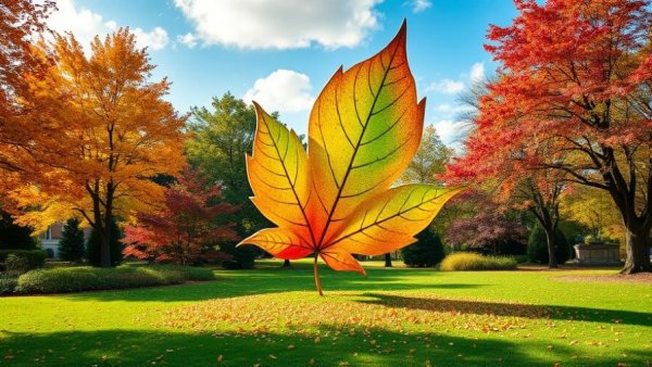 Giant's Garden Cento park with abstract leaf sculpture and autumn trees.