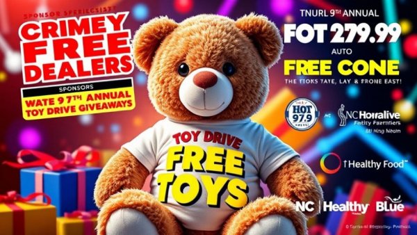Colorful flyer for toy giveaways in Triangle featuring teddy bear and logos.