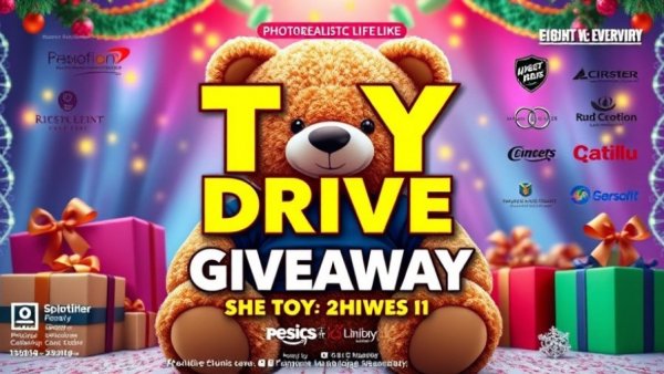 Festive toy drive poster for local events in Triangle area, featuring teddy bear and sponsor logos.