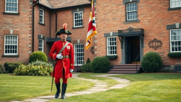 British soldier reenactor at North Carolina historic site with colonial building
