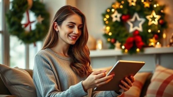 Young woman shopping online during Black Friday in a festive setting.