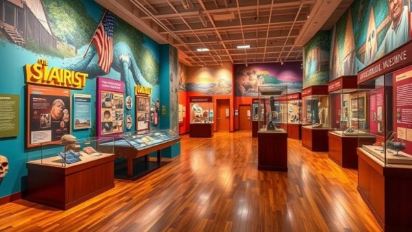 Bright museum display showcasing historical artifacts for Festive Family Fun Day.