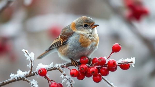 Colorful bird on frosted branch showcasing eco-friendly gardening strategies.