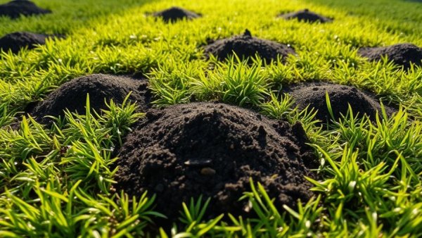 Molehills in grass illustrating common lawn problems.