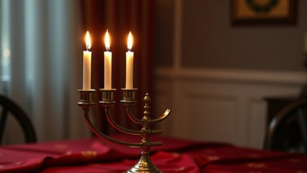 Handmade Hanukkah Menorah with lit candles in a reflective window setting.