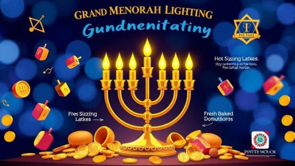 Grand Menorah Lighting UNC invitation with menorah and festive symbols.