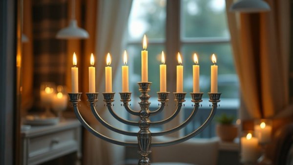 Handmade Hanukkah Market: Elegant silver menorah with lit candles.