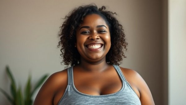Ethically made plus-size clothing in UK - joyful woman in activewear.