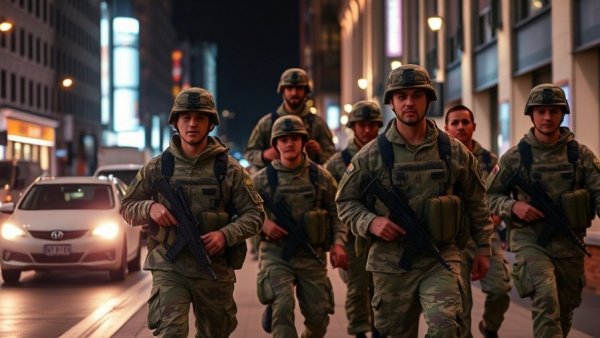 National Guard soldiers in city at night related to asylum policy.