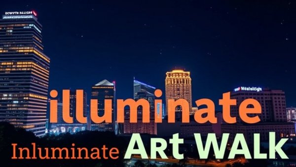 Illuminate Art Walk Raleigh night cityscape with event details.
