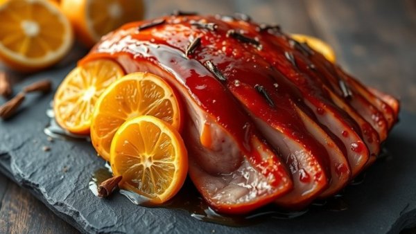 Succulent Christmas dinner ham with oranges and pineapples to go