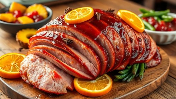 Christmas dinner to go in the Triangle: Sliced ham with oranges.