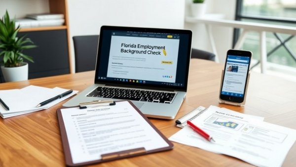 Workspace with Florida background check for employment details on laptop and documents.